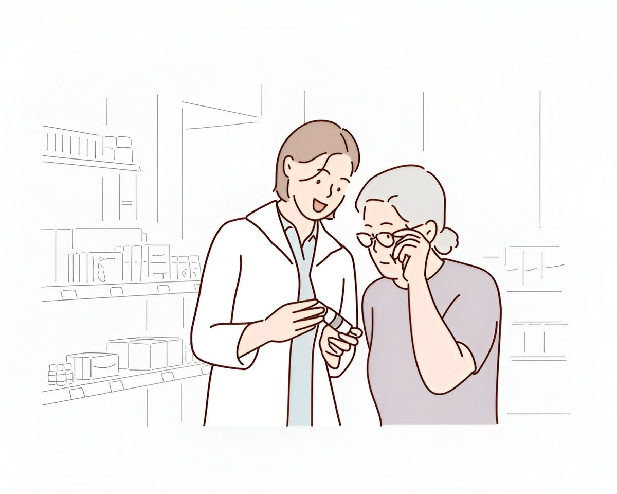 Cartoon-style illustration of a pharmacist explaining medication to an elderly woman in a pharmacy setting.