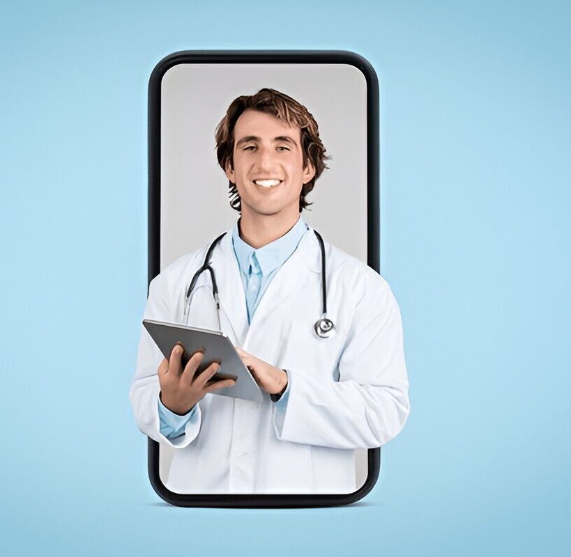 Male doctor smiling while holding a tablet, emerging from a smartphone screen, symbolizing telemedicine.