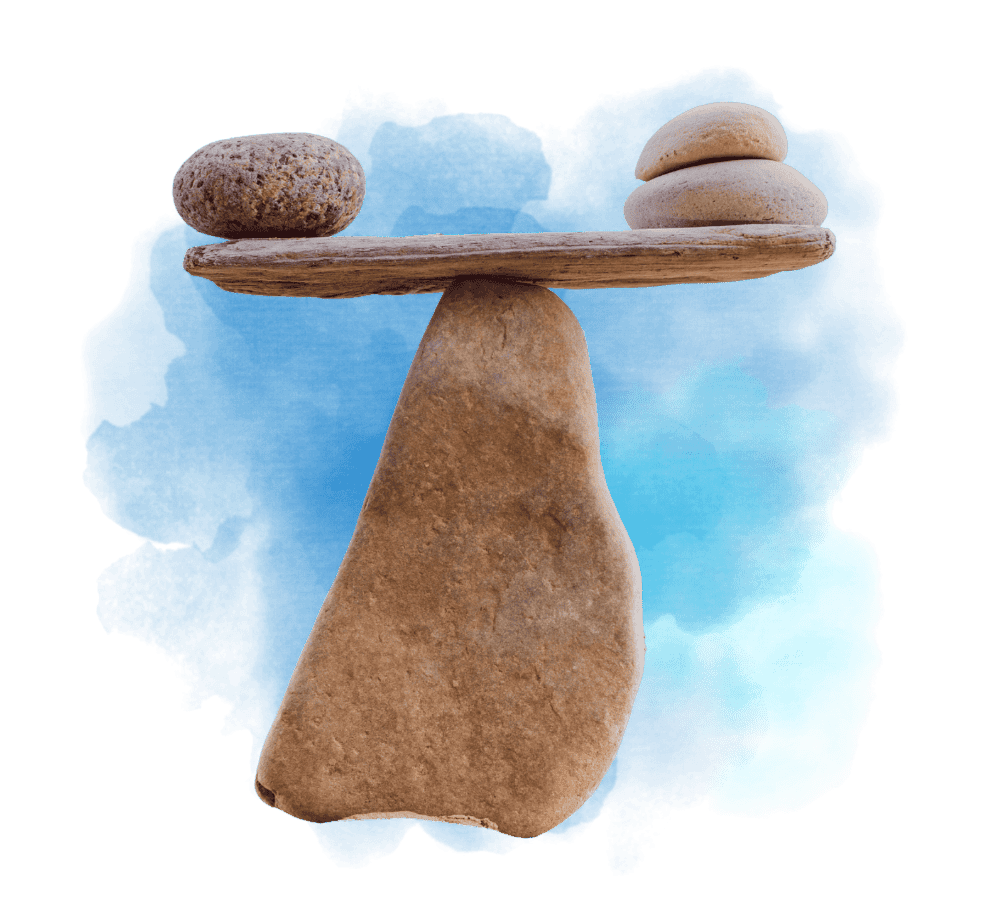 Stacked stones balanced on a large rock with blue artistic background, representing harmony and wellness.