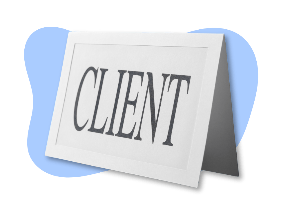 Paper tent card with the word CLIENT in bold black capital letters on a light background.
