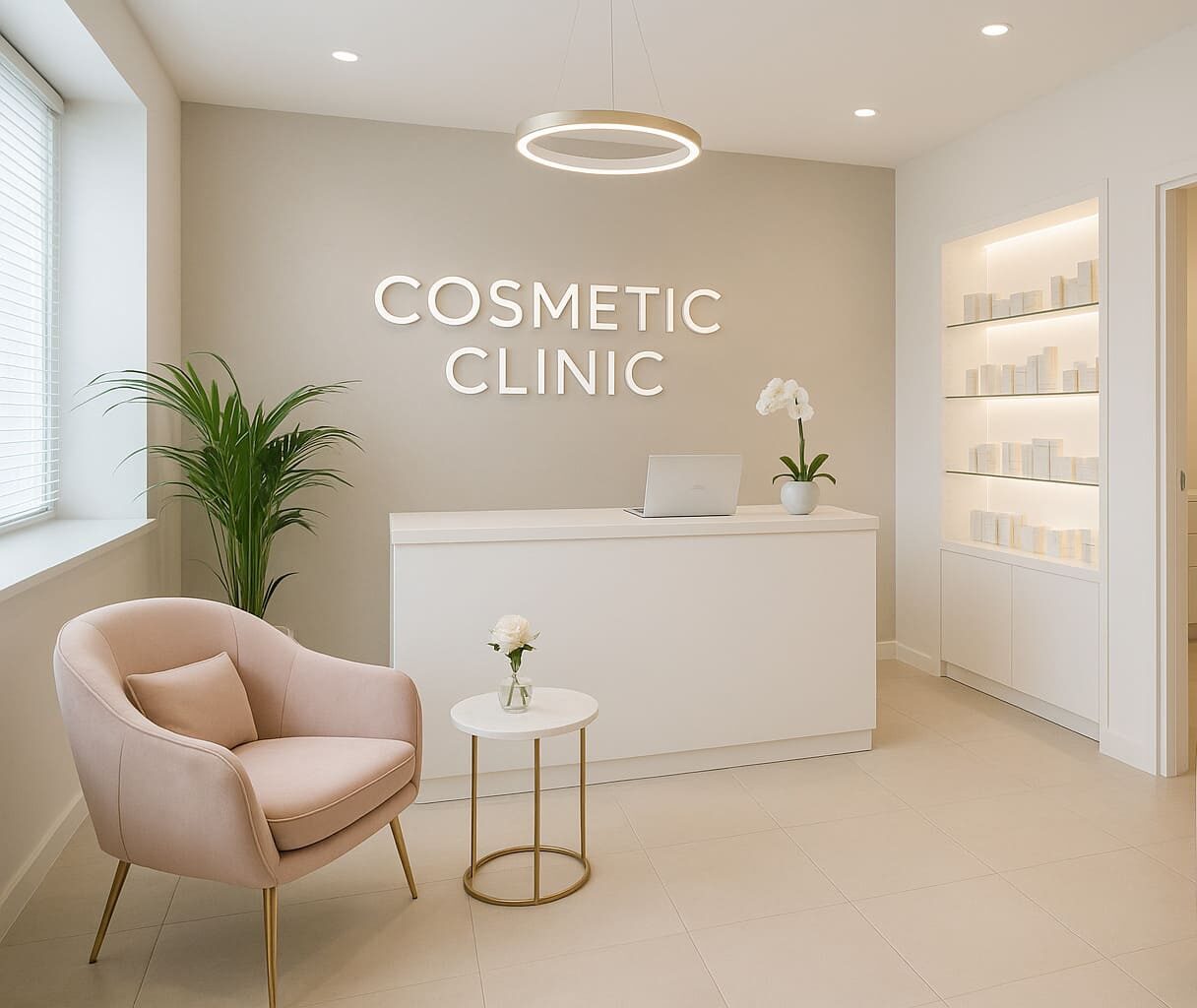 Modern cosmetic clinic reception area with beige armchair and white front desk