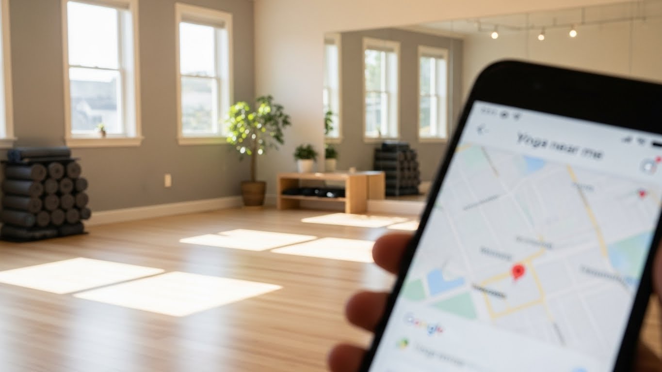 Yoga studio interior with a smartphone showing local search results for nearby yoga classes.