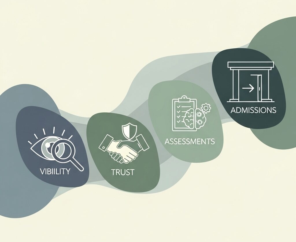 Illustration representing ethical growth of a treatment center through visibility, trust, and admissions.