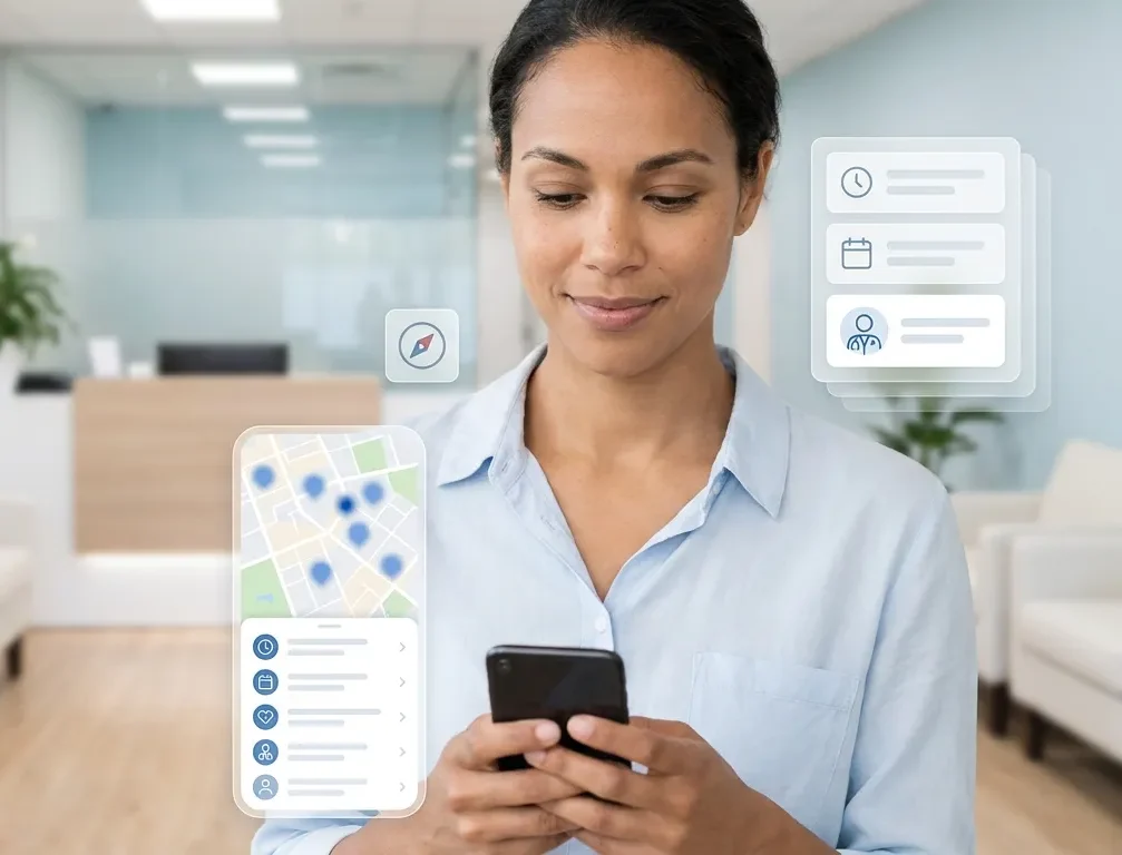 Person choosing a healthcare provider from a clear and organized search platform.