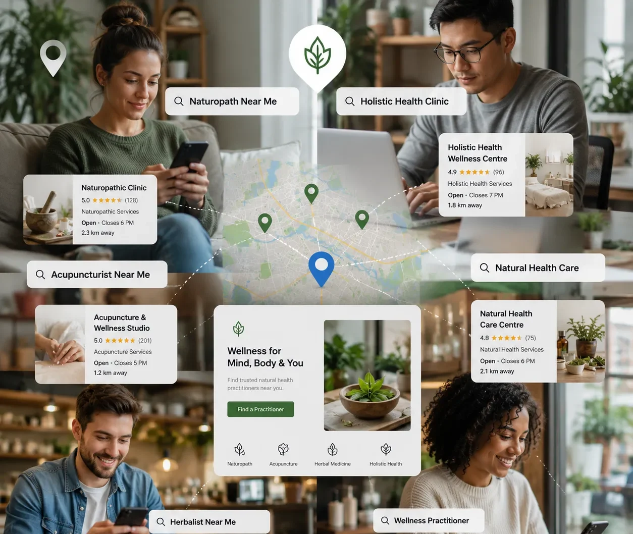People searching online for naturopaths, acupuncturists, and natural healthcare providers near their location.