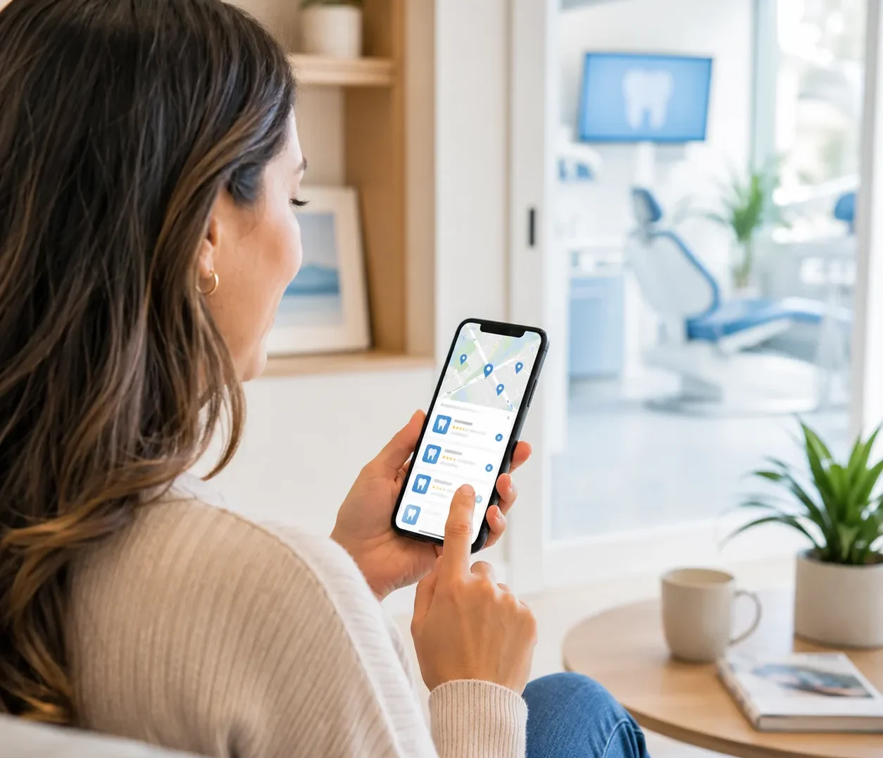 Person searching online for a dentist near them on a mobile phone.