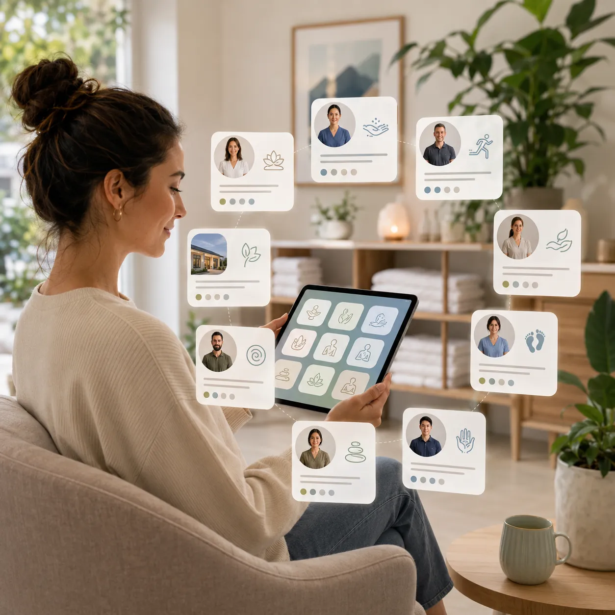 Person comparing RMT, massage therapy clinic, and bodywork provider options on a tablet.