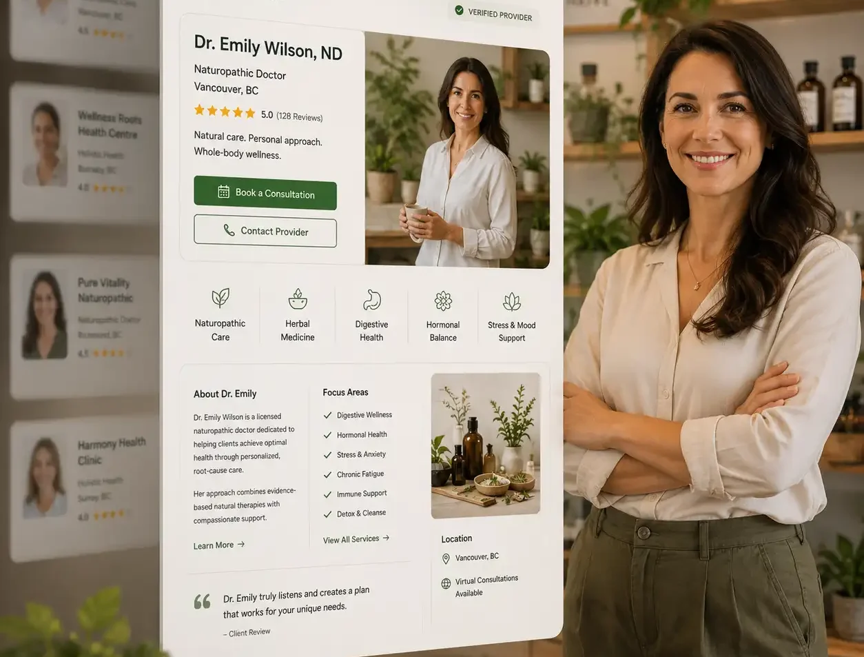 Professional naturopathic provider profile standing out in a competitive online wellness marketplace.