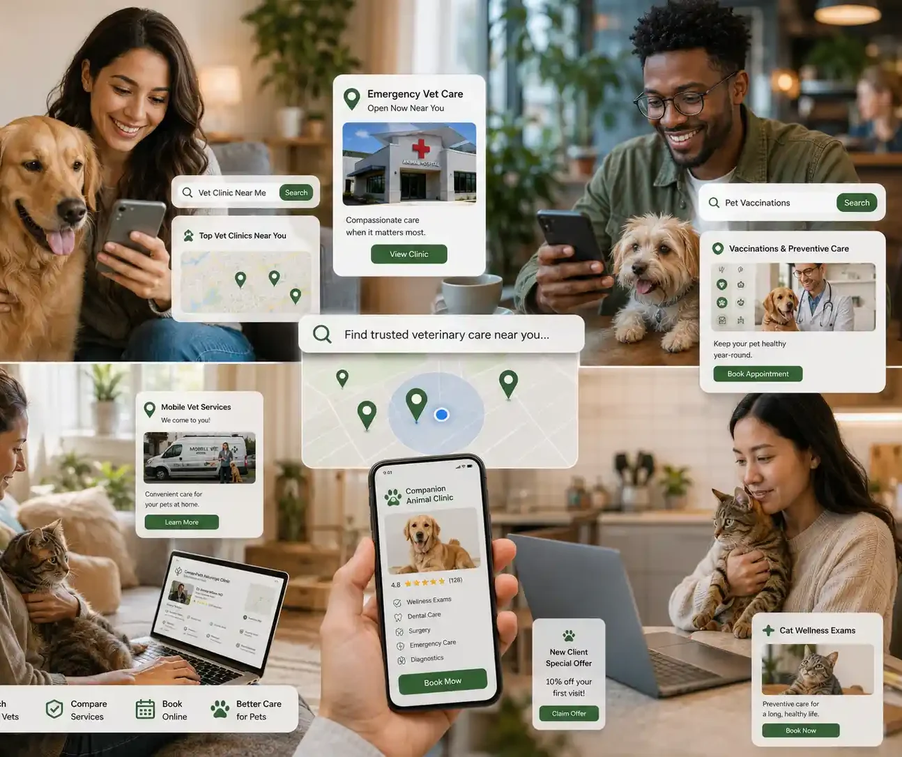 Pet owners searching online for nearby veterinary clinics, emergency care, and pet wellness services.