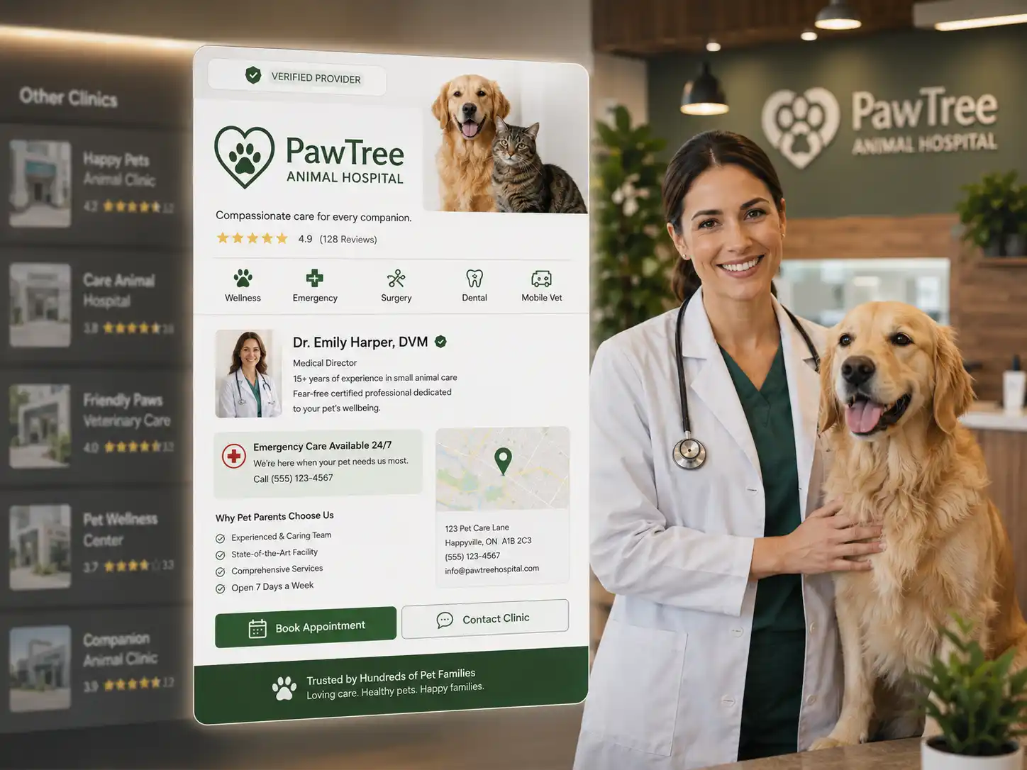 Professional veterinary clinic profile standing out in a competitive online local veterinary marketplace.