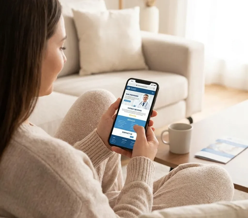 Patient viewing a professional healthcare provider website and learning about services before booking an appointment.