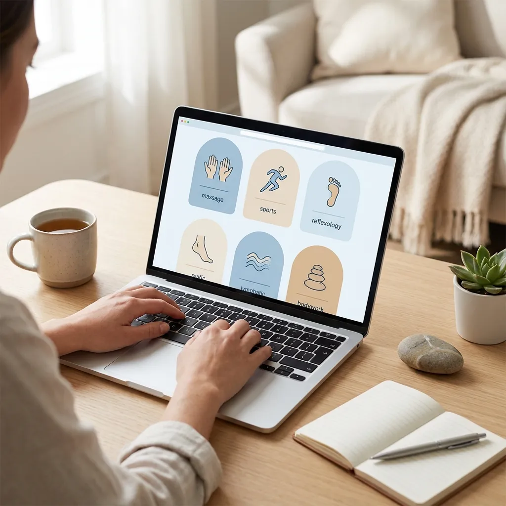 Person reviewing organized massage and bodywork provider categories on a laptop.
