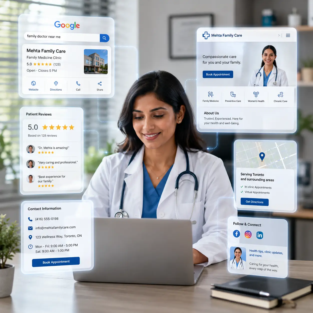 Healthcare professional improving their online presence through a modern digital platform and website.