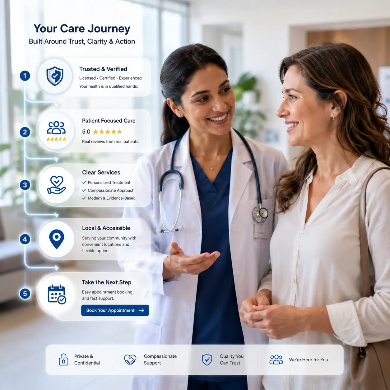 Patient confidently engaging with a healthcare provider website built on trust, clarity, and easy action.