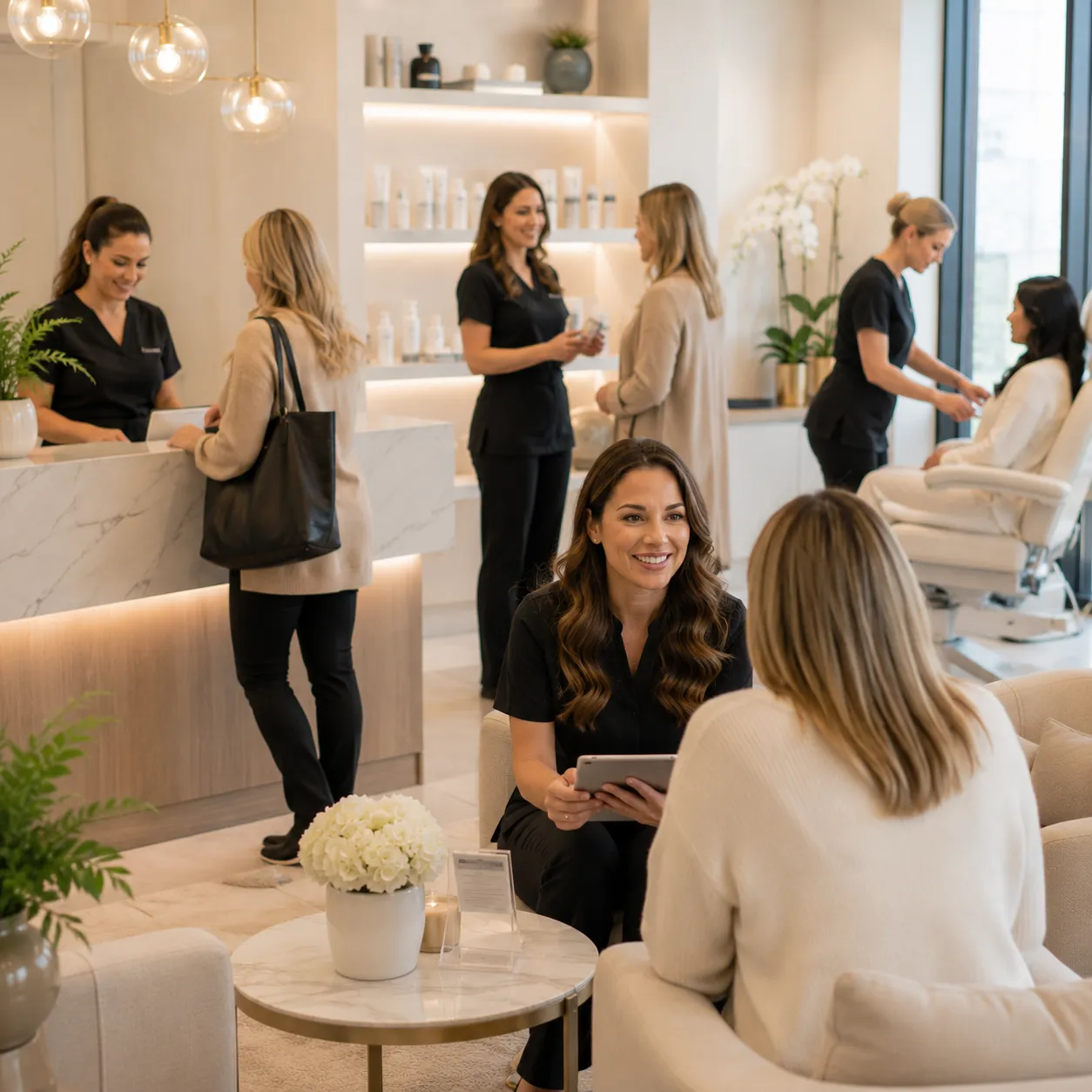 Aesthetic professionals providing personalized service in a premium med spa environment.